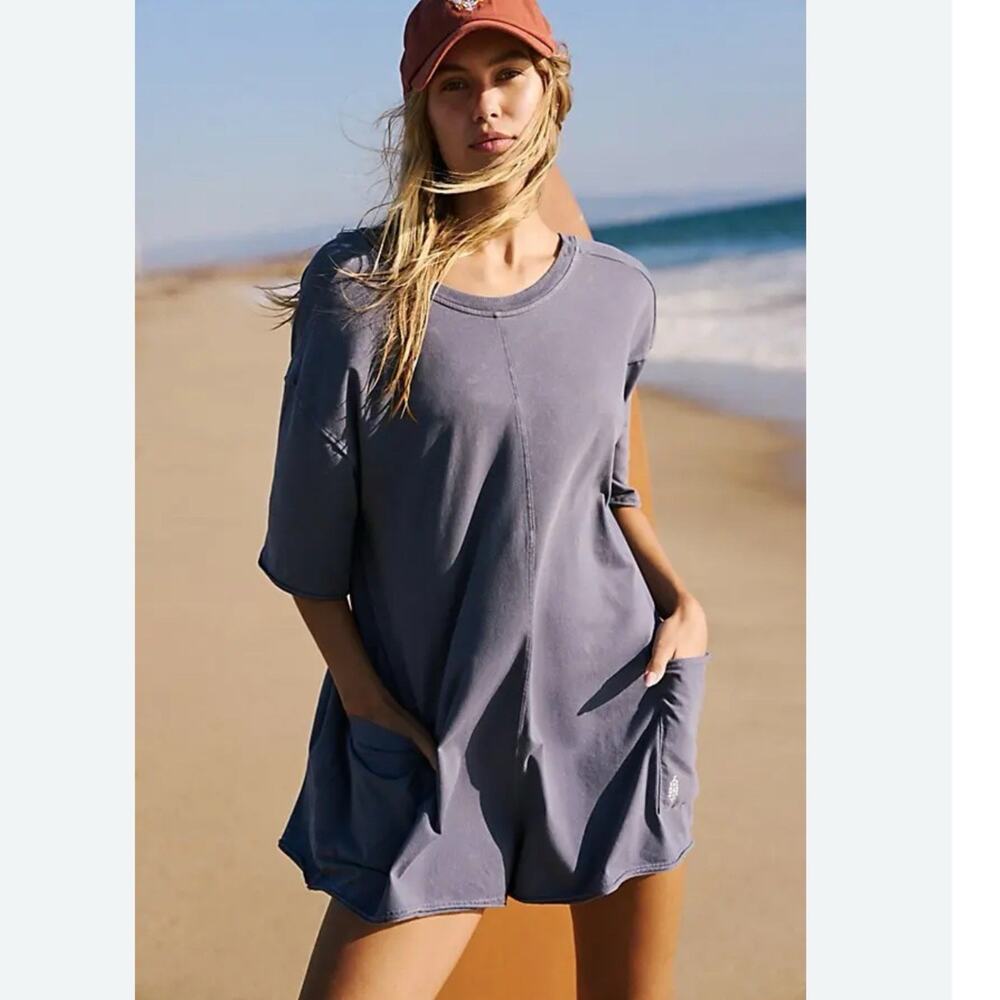 Free People Dusty Blue Short Sleeve Romper